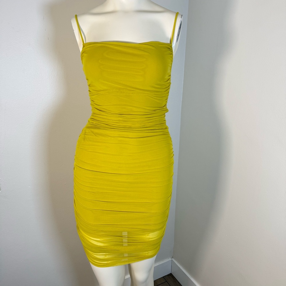 Guess Yellow Ruched Spaghetti Strap Midi Dress